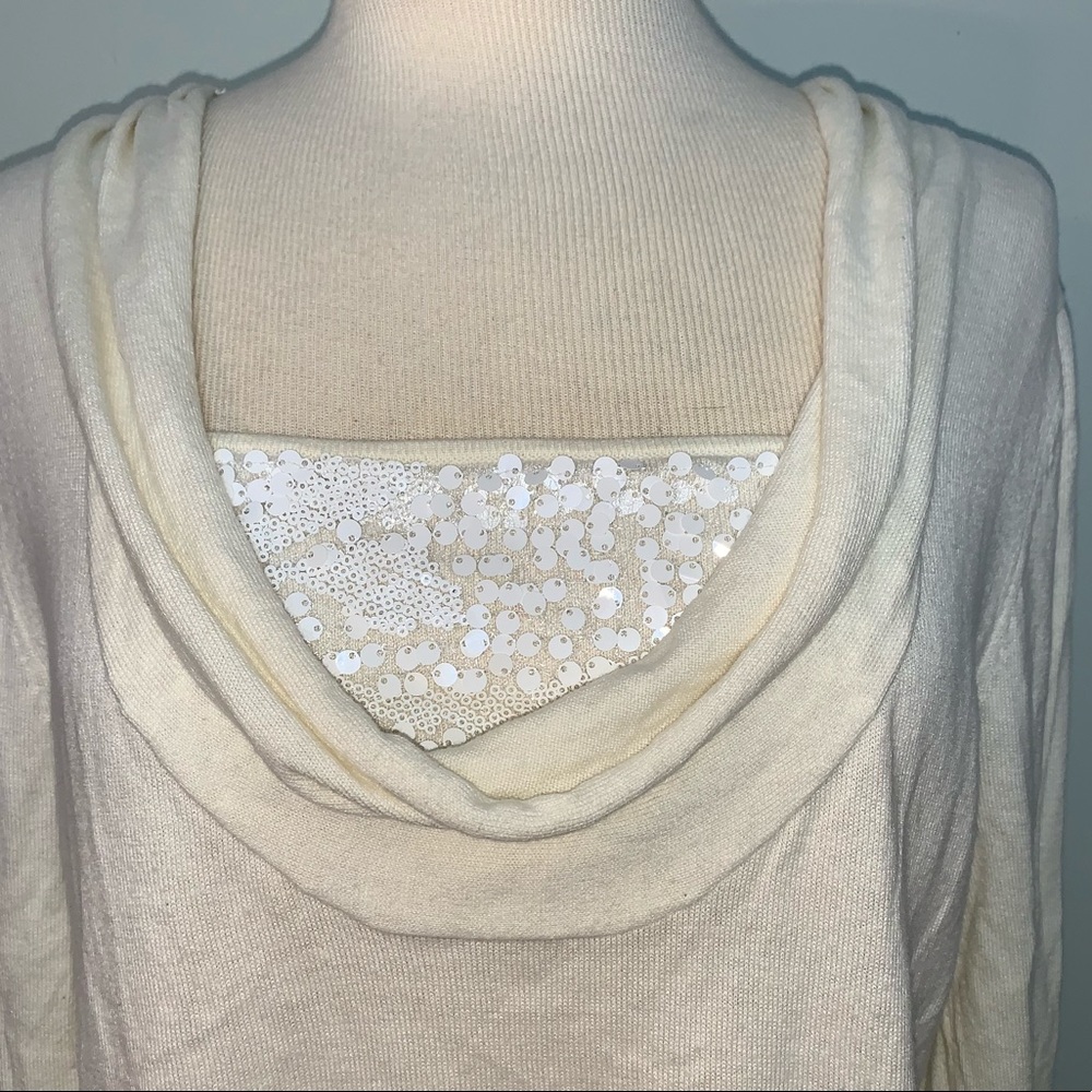 Cream cowl neck sweater w/sequin modesty panel
